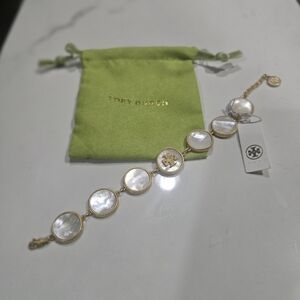 Tory Burch Gold-tone & Mother of Pearl Logo Disc Bracelet